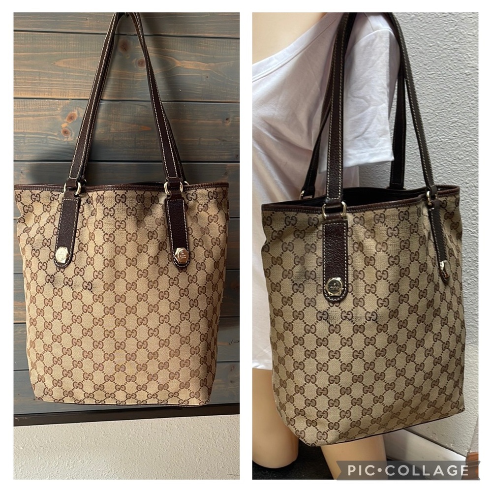 Authentic Gucci Brown Leather Trim Monogram Tote